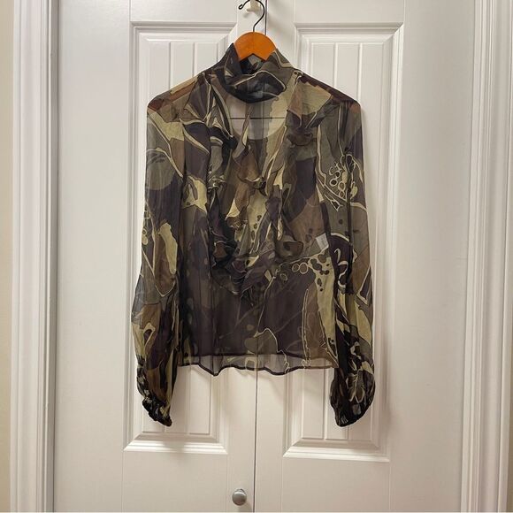 Escada Olive Multicolour 100% Silk Ruffle Blouse - EU 34 - Picture 3 of 16